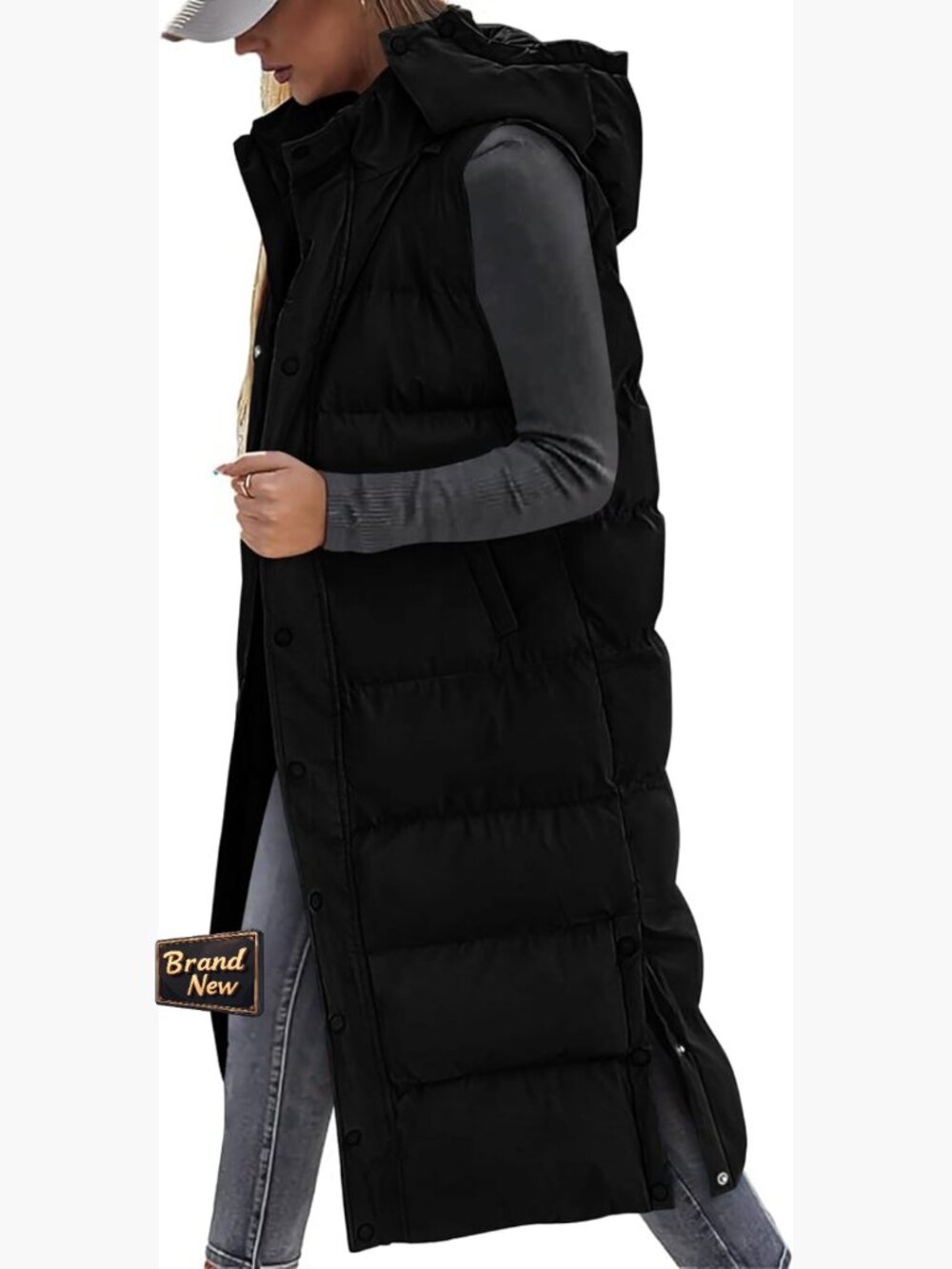 Long Puffer Vest Women Quilted Hooded Button Down Zip Up Sleeveless Padded